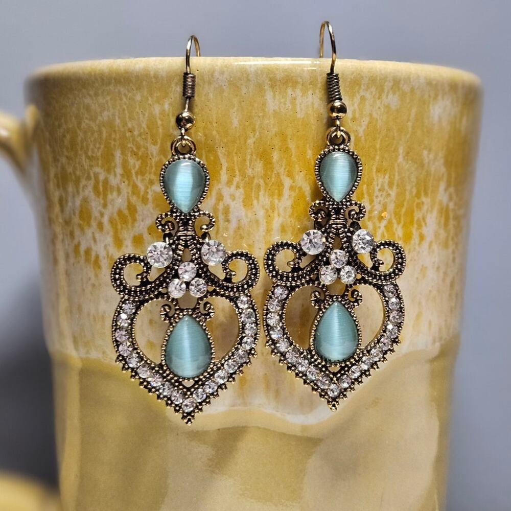 Fashion Jewelry Retro Boho Blue & Clear Rhinestone Teardrop Chandelier Earrings